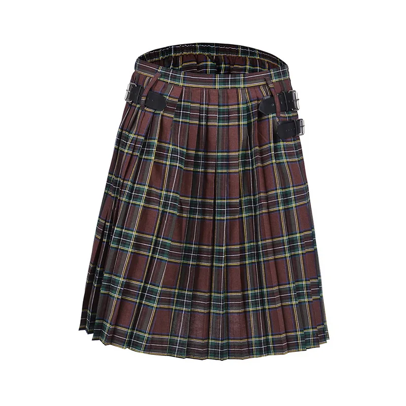 Shujin шотландский мужской Kilt традиционный ремень в клетку плиссированная цепь двусторонний коричневый готический панк шотландский клетчатый брюки юбки - Цвет: Black