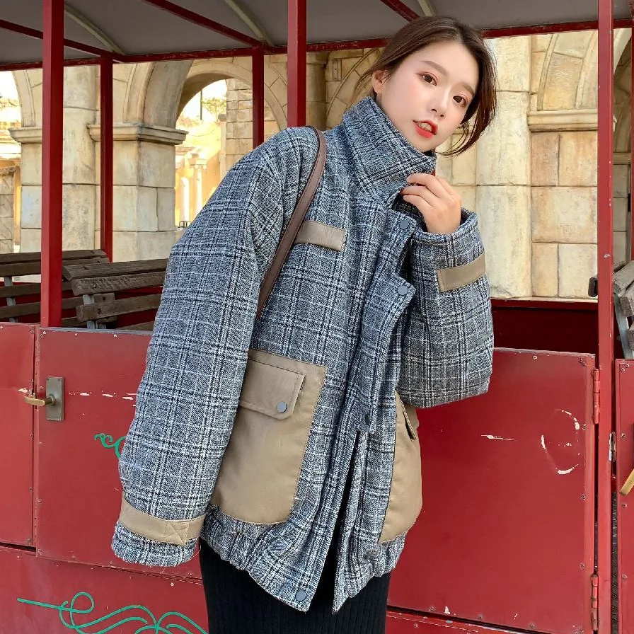 

2019 Chic Cool Fight Skin Pocket Plaid down Coat Women's BF Short Jacket Loose Thick Cotton-padded Clothes WOMEN'S Coat