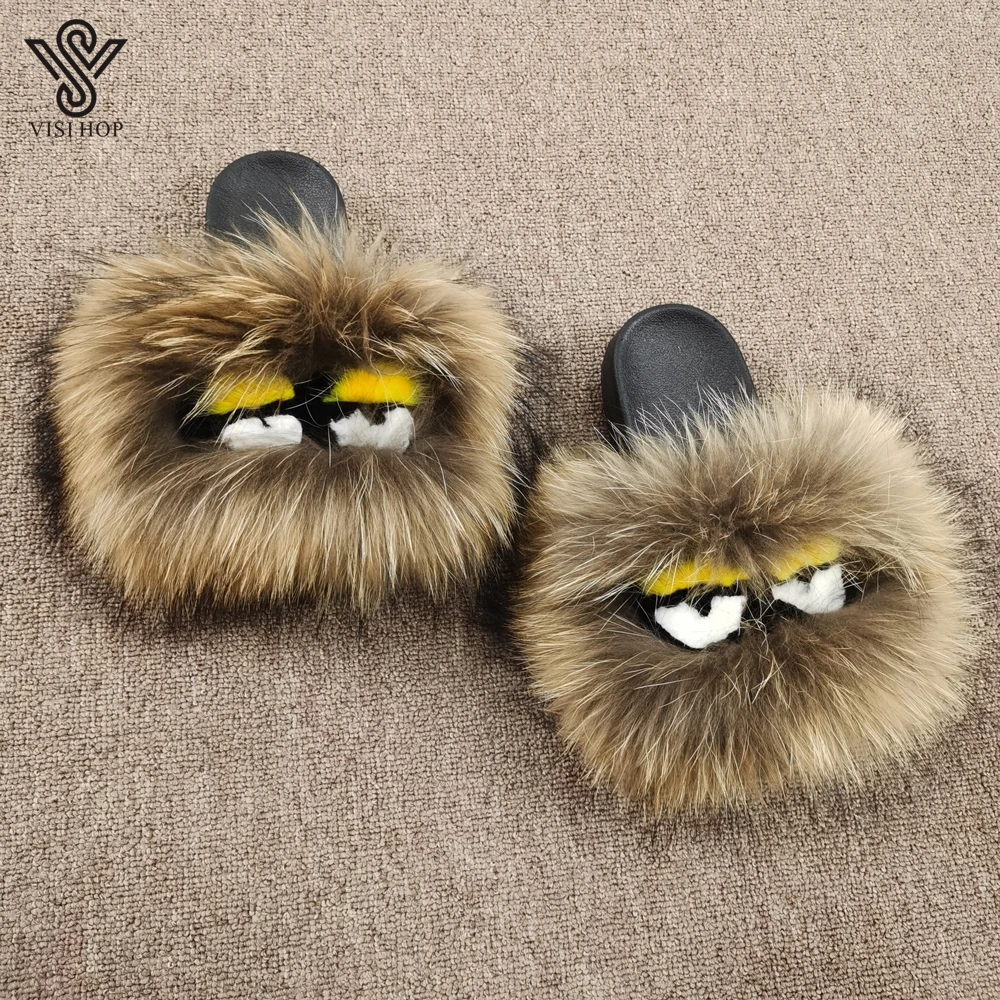 Vs100019 Women Real Fox Fur Monster Slipper Lovely Raccoon Fur Sliders