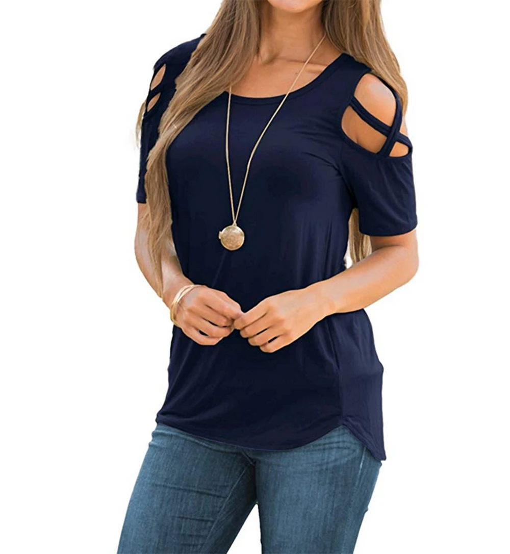 

Lovelyduo Womens Dark Blue Cold Shoulder T Shirts Tops Womens Loose Strappy Summer T Shirt Tops Cold Shoulder Top O-neck Casual