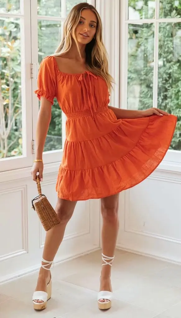 Solid Elegant Woman Mini Dress Square Collar Puff Sleeve Vintage Chic Vestidos Summer Casual High Waist Ladies Short Dress