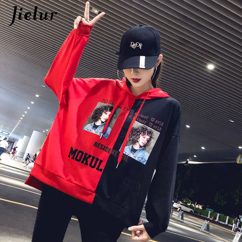 

Jielur Spell Color Patchwork Women Hoody Korean Character Printed Sweatshirt Female Autumn Chic Streetwear Cool Sudaderas Mujer