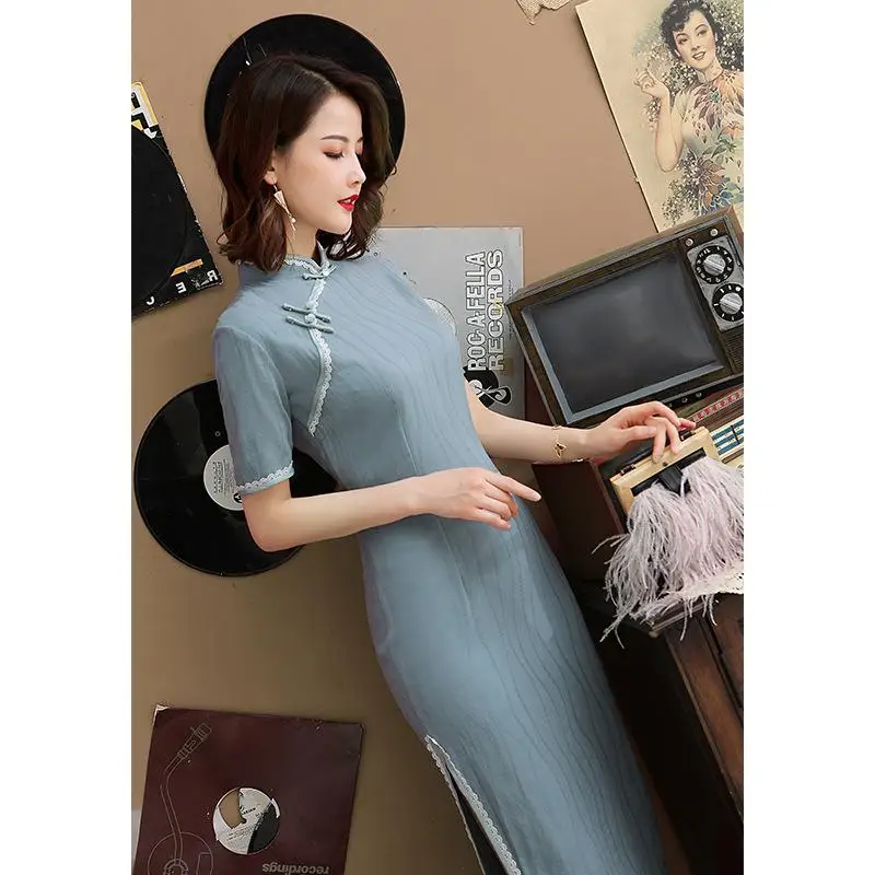 Китайский стиль, воротник-стойка, Qipao, повседневная одежда, вечернее платье, элегантное, сексуальное, женское, Cheongsam, атласное, короткий рукав, Vestidos - Цвет: sky blue