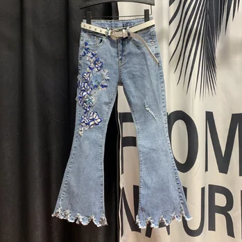 

Beads Flower Jeans Women 2020 Spring New High Waisted Slimming Denim Pants Ladies Flower Flare Denim Pants Jeans Trousers