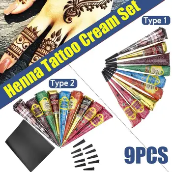 

9 Colors/set Indian Henna Paste Temporary Tattoo Waterproof Body Paint Henna Art Colorful Cream Cone For Stencil Mehndi Body Art