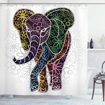 

Batik Shower Curtain Digital Big Elephant with Floral Lines and Tribal Shapes Wild Life Theme Image Bathroom Decor Set with Hook