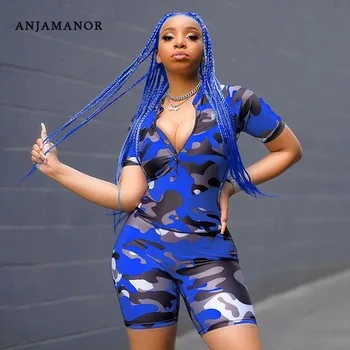 

ANJAMANOR Camouflage Print Sexy Rompers Womens Active Jumpsuit Bodycon Tracksuit Zipper Front Short Sleeve Playsuit D87-AC40