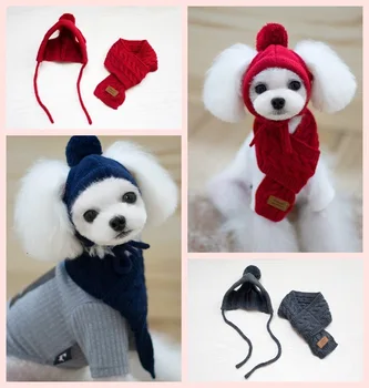

Luxury Knitting Pet Hats Scarf Winter Grooming Accessories Sets Red Black Gray Cotton Cats Dogs Supplies For Chihuahua Yorkshire