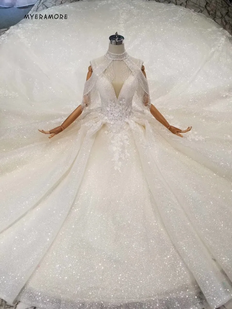 Vestido de noiva роскошное свадебное платье с высокой горловиной, с кисточками и бисером, торжественное свадебное платье с коротким шлейфом