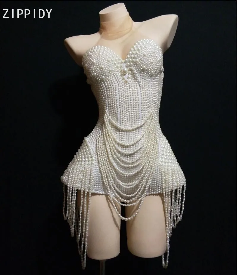 

Full White Pearls Chains Bodysuit Evening Stage Show Costume Birthday Prom Jazz Dance Outfit Female Singer Clothes