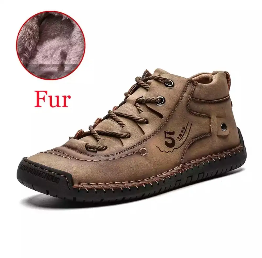Мужские зимние ботинки; теплая кожаная повседневная обувь; удобные мужские ботинки на мягкой плоской подошве для вождения; большие размеры 38-48 - Цвет: Khaki fur inside