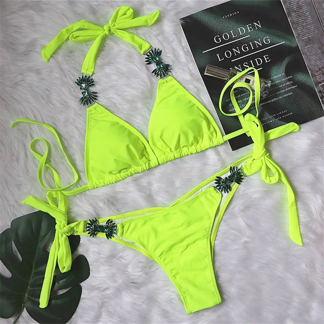 Sexy Shiny Jewel Halter Bikini Female Swimsuit Women Swimwear Two-piece Bikini set Luxury Diamond Bather Bathing Suit Swim V2451