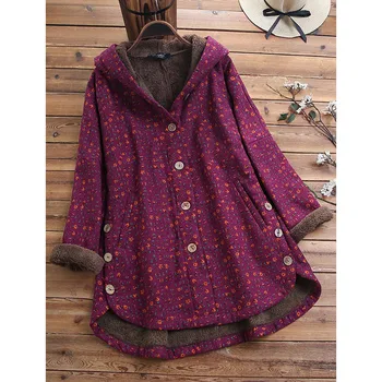 

Women Winter Hoodies Fleece Coats Vintage Printed Long Sleeve Jackets Female Buttons Hooded Plush Fluffy Coat Mother Dress