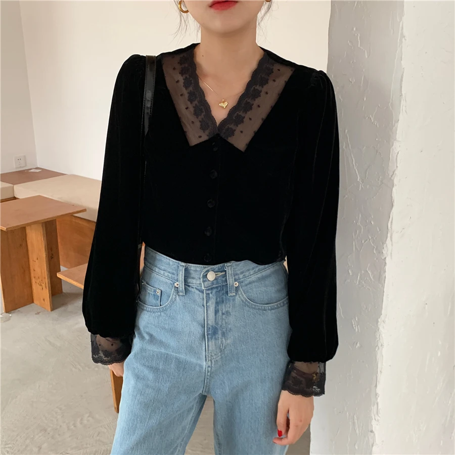 Autumn Winter Vintage V-neck Stitching Lace Velvet Tops Long Sleeve Black Bottom Blouses Korean Style Blusas Mujer De Moda 2020 | Женская