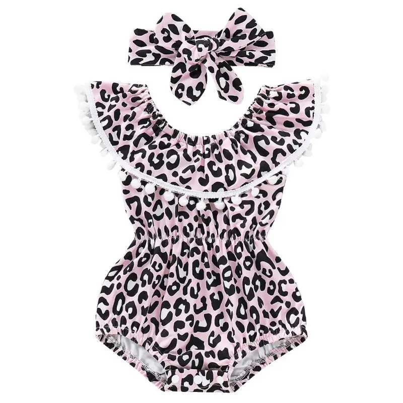 

Newborn Baby Girls Infant Off-Shoulder Leopard Print Romper Jumpsuit Playsuit Outfits+Headband 090B