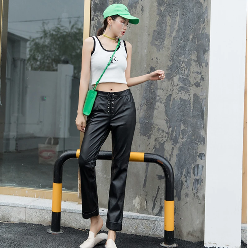 Женские брюки из натуральной кожи Pantalon из натуральной кожи, черные узкие брюки-карандаш с заклепками, женские зимние уличные брюки