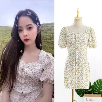 

2020 summer small fresh lady style square collar bubble sleeve Floral Dress for women star same