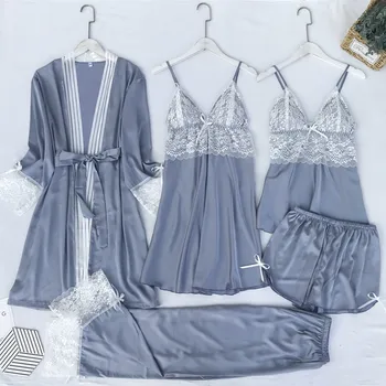 

Satin 5PCS Pajamas Set Nightwear Lady Lace Patchwork Intimate Lingerie Sleepwear Sexy Silky Strap Top&Pants Kimono Bathrobe Gown
