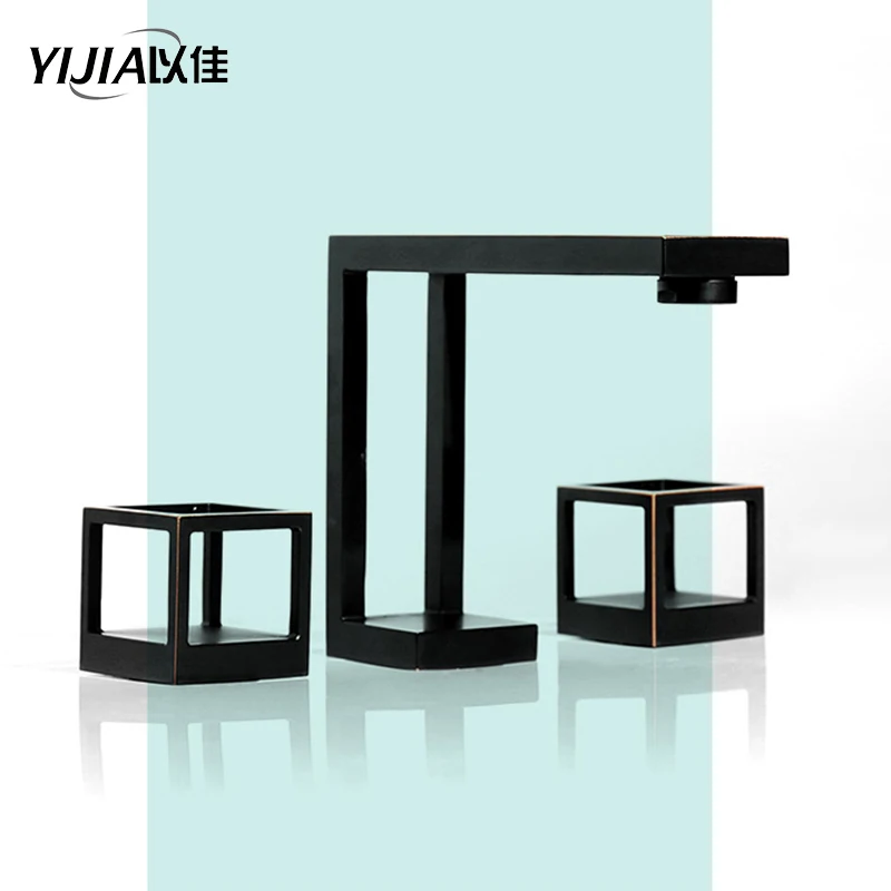 

Geometric vision black counter basin copper faucet hot and cold double handle three-hole split