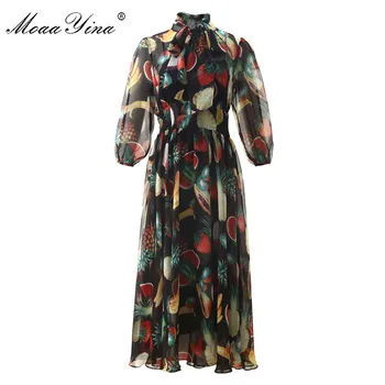 

MoaaYina Fashion Designer dress Spring Summer Women Dress Bow collar Fruit Print Elegant Chiffon Runway Dresses