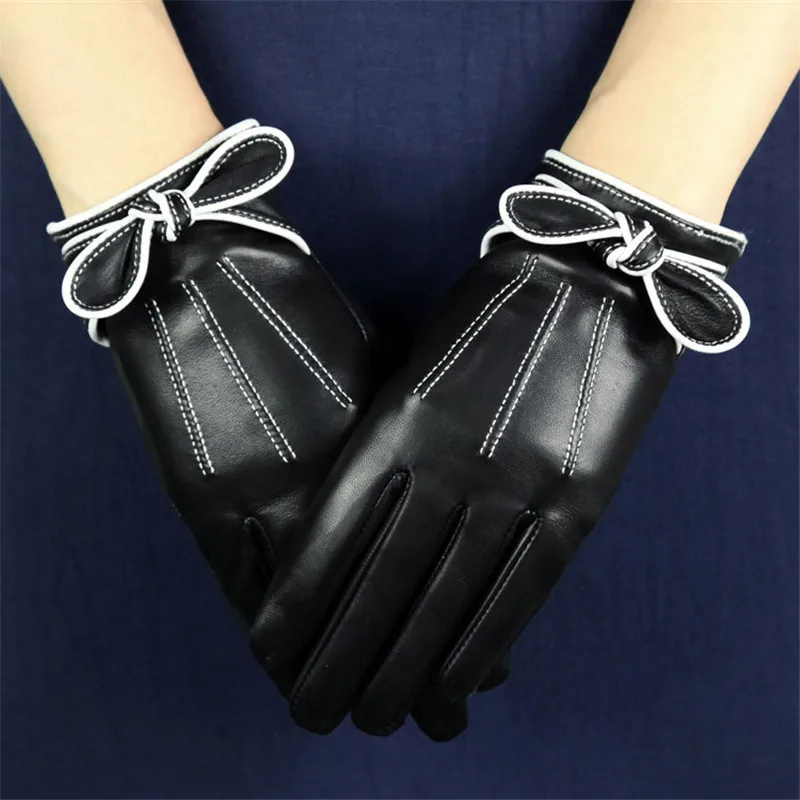 black silky lined Женские перчатки из натуральной кожи с милым бантом-бабочкой, зимние теплые бархатные женские перчатки из овчины черного цвета DQ101 - Цвет: black silky lined
