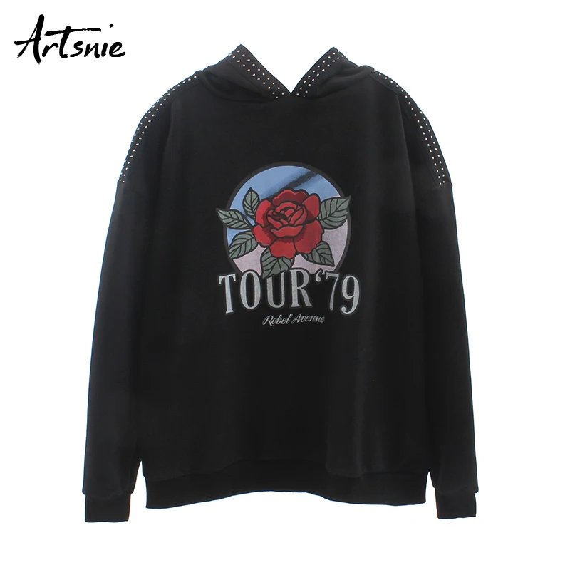 

Artsnie streetwear floral print women sweatshirt winter 2019 oversize hoodies long sleeve knitted casual black sweatshirts femme