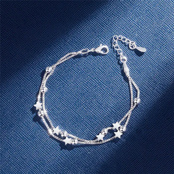silver star Браслеты из стерлингового серебра 925 пробы, двухслойные браслеты со звездами и бусинами, браслеты для женщин и девушек, свадебные ювелирные изделия - Цвет камня: silver star