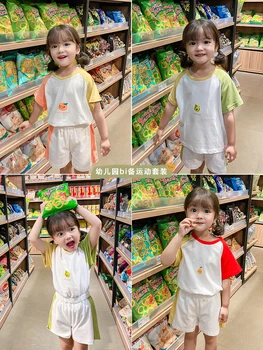 

children suit girls summer thin patchwork cotton t shirts boys girls cartoon tops and shorts two piece sets