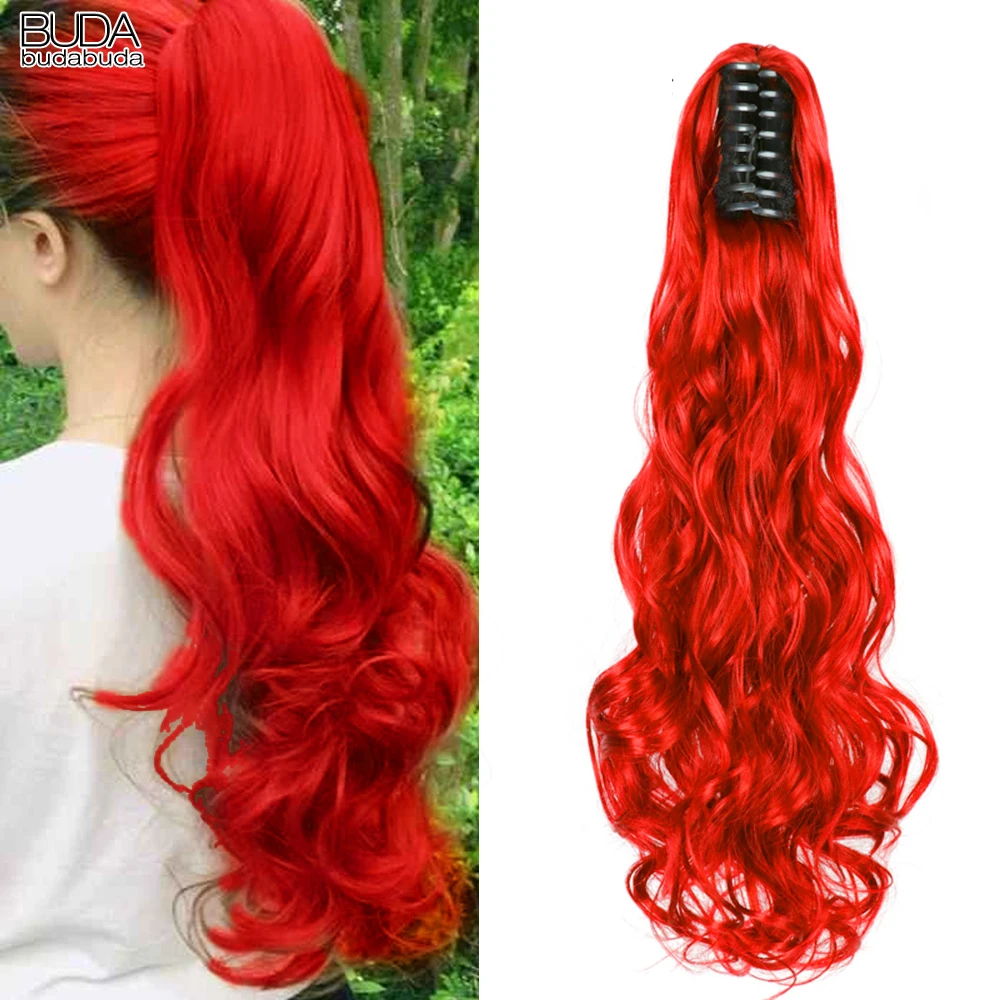 Budabuda 20Inch Long Curly Wavy Ponytail Synthetic Hair Extensions Fake Pony Tail Hair For White Women Pink Grey Blonde Color