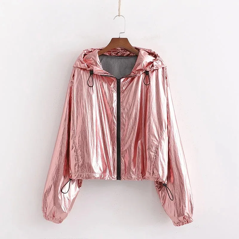 

2019 Autumn New Style Jacket Casual Versatile Loose Version of Metal Silver Hooded Thin Cropped Jacket