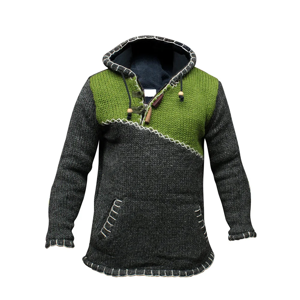 

Men Warm Sweater Casual Color Block Long Sleeve Hooded Patchwork Pocket Pullover Hoodies Fashion Oversize Loose Autumn Top New