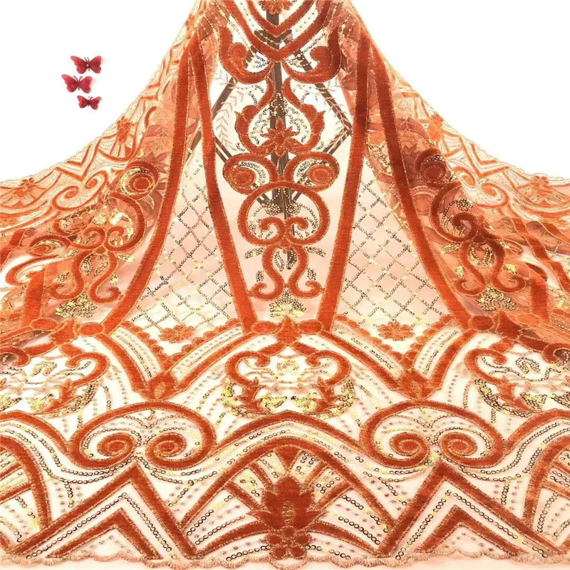

High Quality African Velvet Lace Fabric 2019 Latest French Sequins Lace Gold Sequin Fabric for Evening Dress