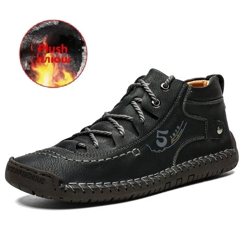 Brand Comfortable Men Ankle Boots Quality Split Leather Shoes Men's Snow Boots Winter Shoes Warm Fur Men's Boots Big Size 39-48 - Цвет: Fur black