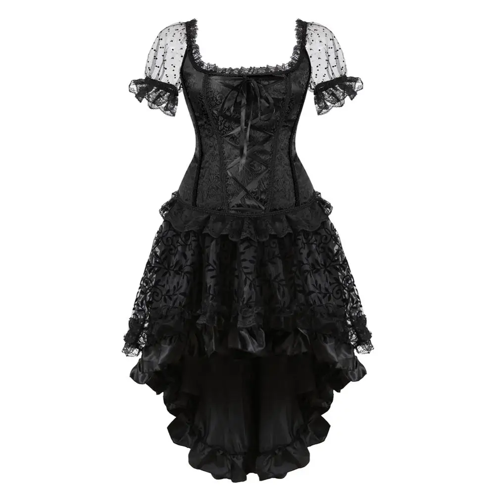 

Grebrafan Steampunk Gothic Push Up Vintage Corset Bustier with Mid Fluffy Pleated Layered Tutu Skirt Carnival Costumes