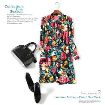 

New women s lace up collar printed silk dress show thin long