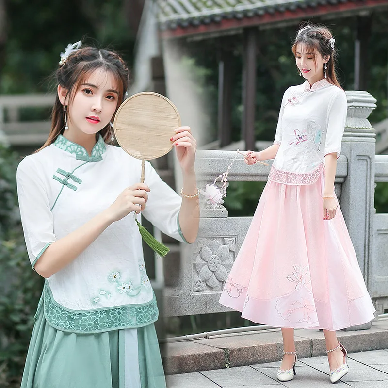 

2019 New Style Cotton Linen Jacquard Joint Lace Embroidery Hand-Painted Chinese-style Tops + Skirt Two-Piece Set
