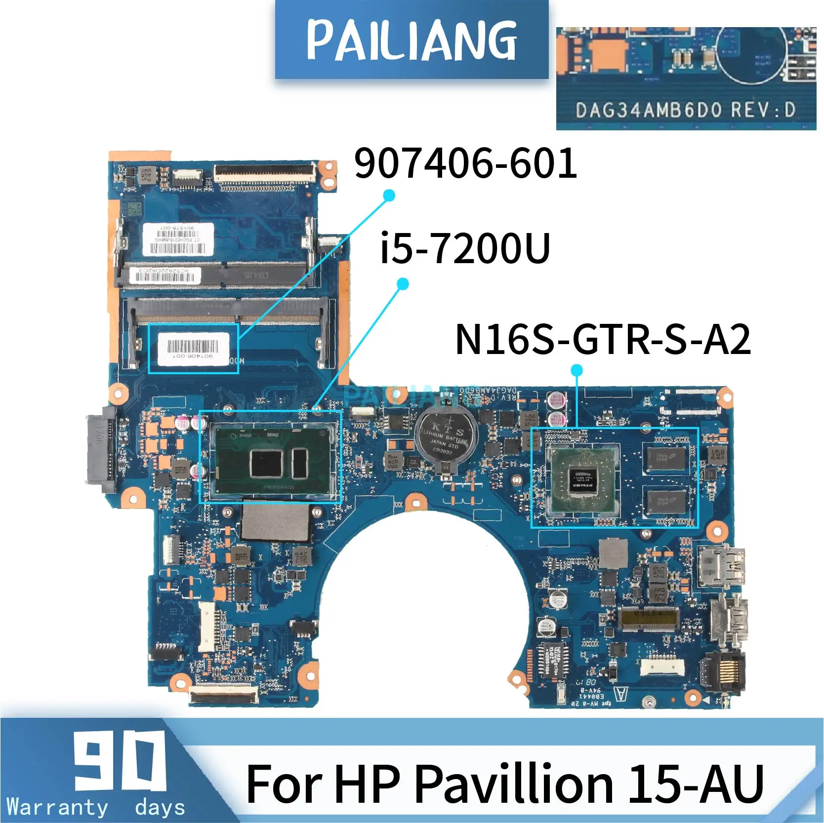 

For HP Pavillion 15-AU Laptop Motherboard 907406-601 DAG34AMB6D0 SR2ZU i5-7200U N16S-GTR-S-A Notebook Mainboard TESTED DDR4