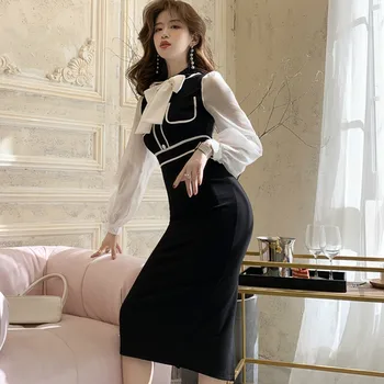 

2020 Spring Lady Bowknot Chiffon Patchwork Long Sleeve high Waist Pencil Knee-Length Dress Women's OL Office Black Vestidos
