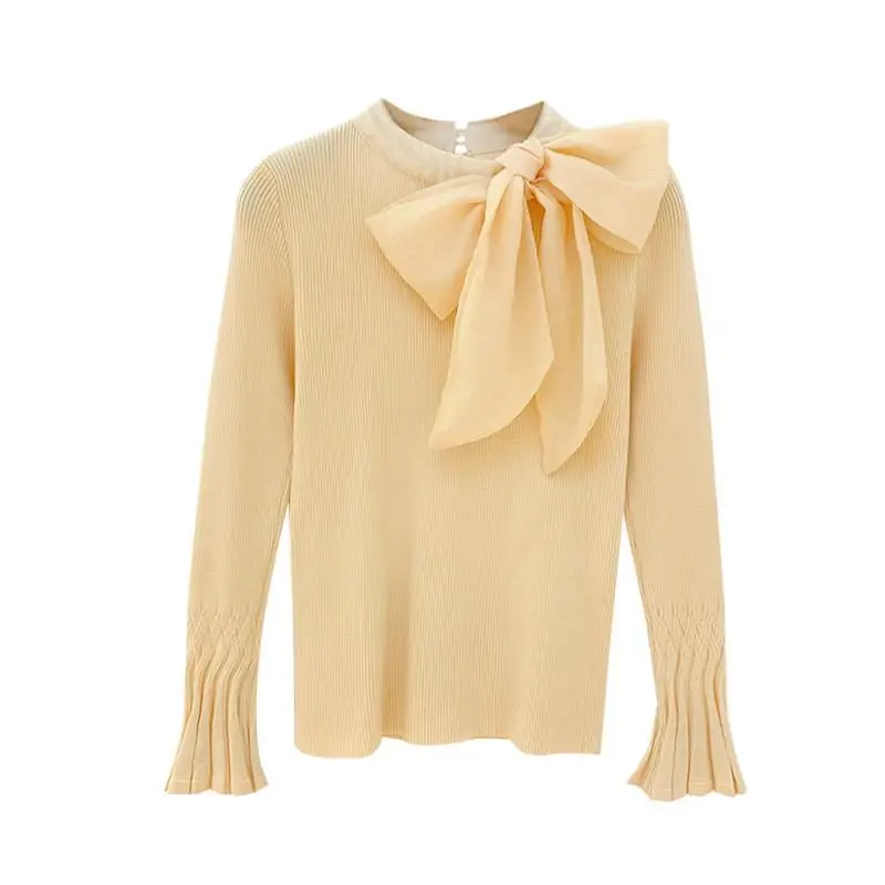 Женские вязаные свитера с расклешенными рукавами, пуловеры с бантиком, вязаные топы с круглым вырезом,, осенне-зимний Милый джемпер - Цвет: Apricot