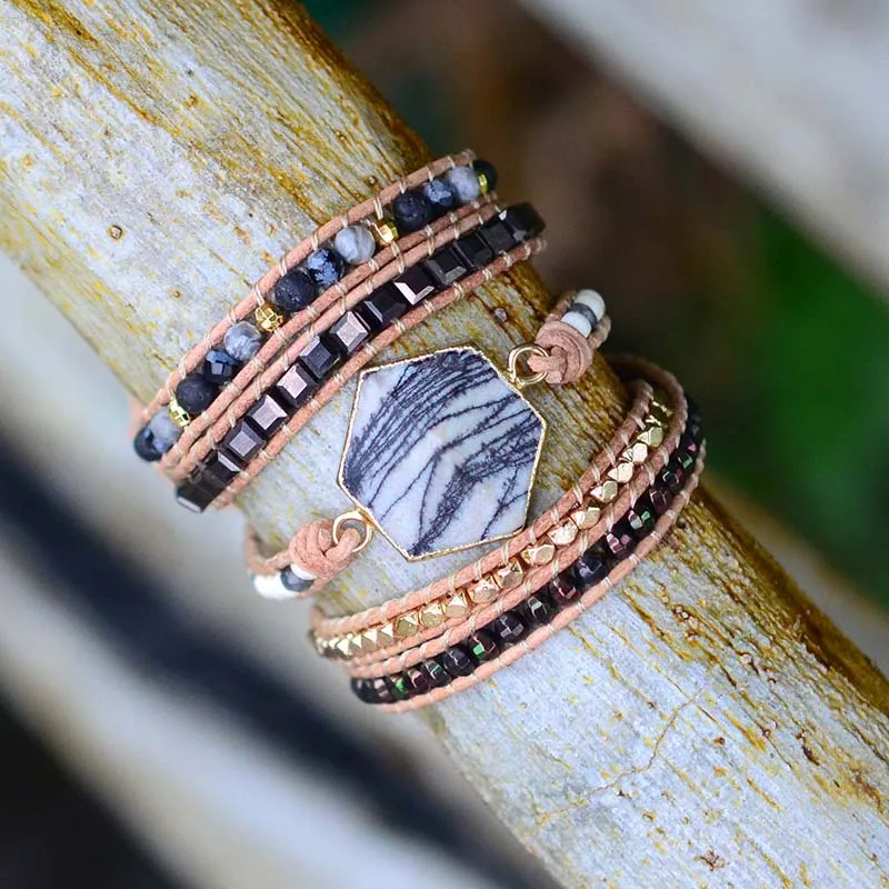 

Boho Bracelet Handmade Jewelry Gifts Natural Zebra Stone Leather Bracelet Chic 5X Wrap Bracelet Dropshipping