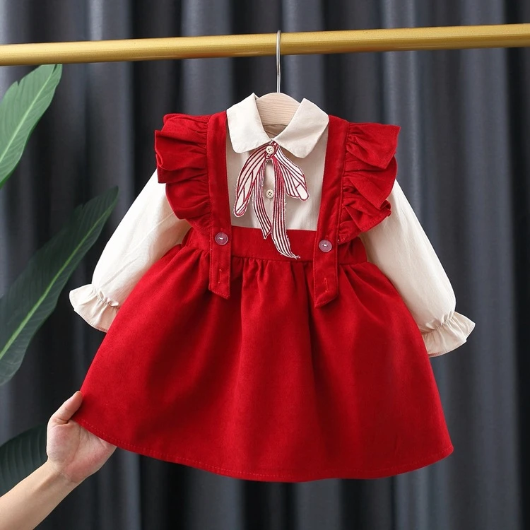 Spring Autumn Baby Girls Long Sleeve Shirt + Strap Two-Piece Dress Infant Baby Party Princess Dress Newborn Clothes baby girl cotton clothing set