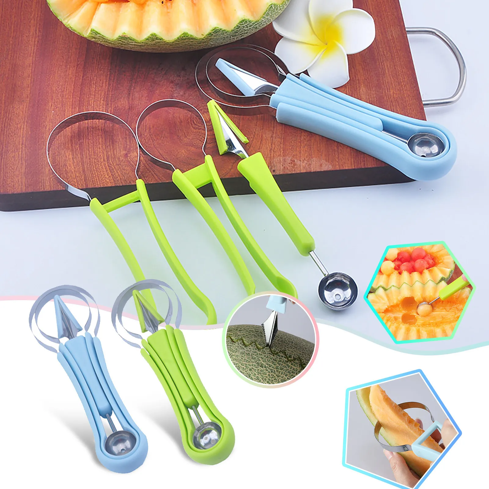 4 in 1 Stainless Steel Fruit Tool Set Melon Baller Scoop Watermelon Cutter Carving for Slic | Дом и сад