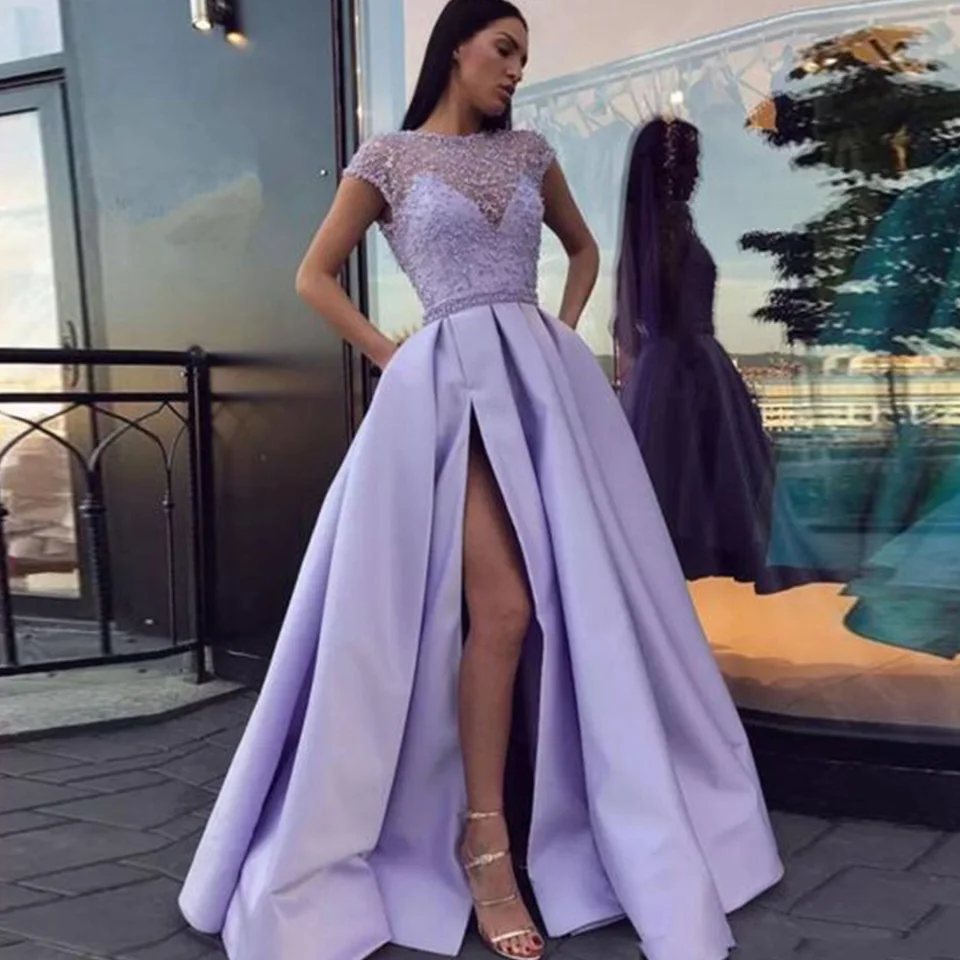 

Real Rill Illusion V-Neck Prom Dresses 2019 Lace Up Back Floor Length Side Split Beading Formal Dress For Party Vestido de Festa
