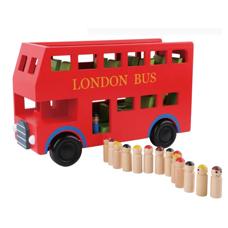 

Wooden Car Model Bright Red Double Layer Bus Children'S Educational Car Model Toys Birthday Gift