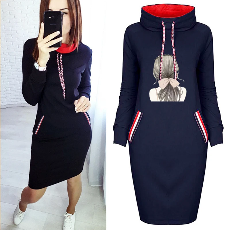 

Cartoon Girl Print Women Dress Pocket Autumn Winter Turtleneck Drawstring Package Hip Bodycon Party Plus Size Harajuku Dresses