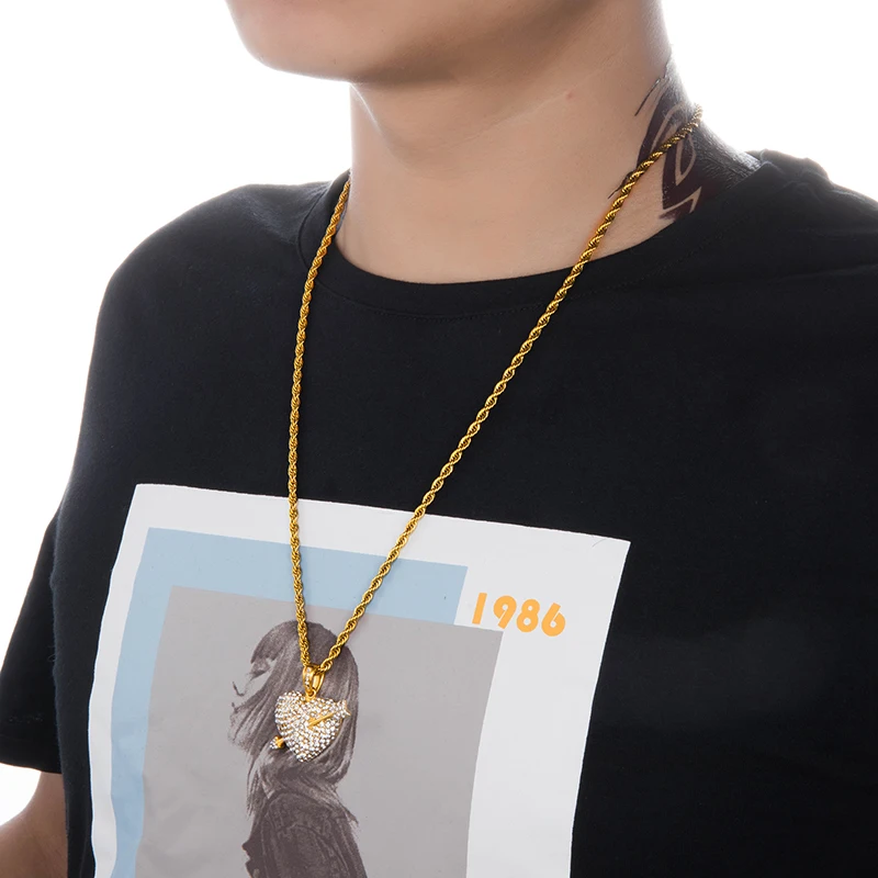 US7 стрелы ожерелье в виде сердца и кулон проложили со стразами Bling Iced Out Подвеска из нержавеющей стали цепь для мужчин хип хоп ювелирные изделия