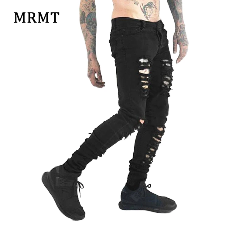 

Black Men Jeans Narrow Feet High Street Punk Rock Micro Elastic Fabric Man Ripped Jean Cultivate Morality Hardcore Pants