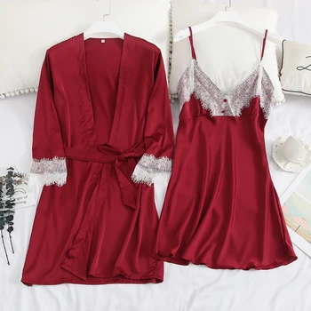 

Sexy Female V-neck Kimono Bath Gown Lace Patchwork 2PCS Robe Set Sleepwear With Belt Soft Nightgown Nightdress Lougne Nightwear
