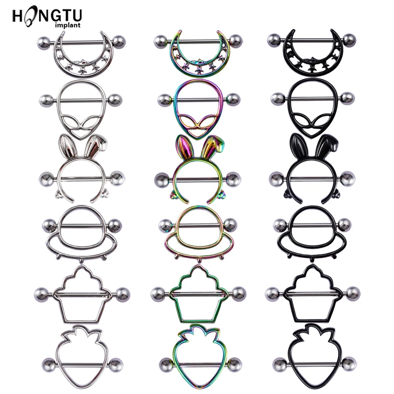 

2PC Sexy Barbell Nipple Ring 14G Steel Nipple Button Round Alien Rabbit Moon Nipple Shield For Women Breast Piercing Jewelry