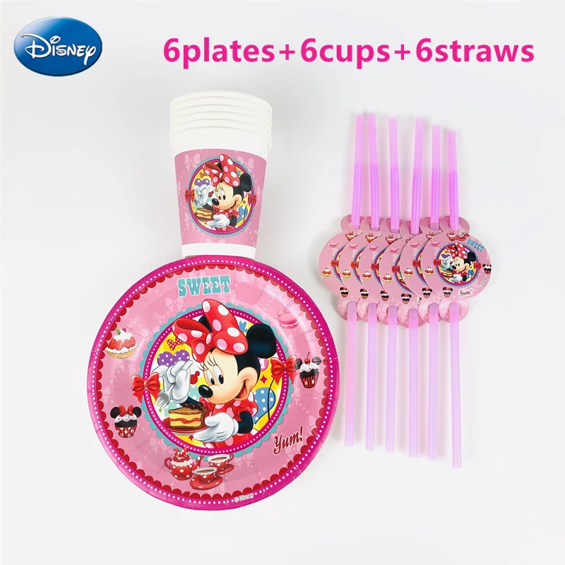 

18Pcs Cartoon Disney Minnie Mouse Family Party Kids Girls Birthday Party Decoration Cups Plates Straws for 6 People Use Supplies